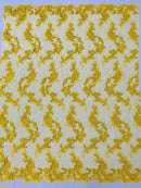 Floral Cluster Fabric - Yellow - Embroidered Floral Lace w/ Sequins on a Mesh Lace By Yard