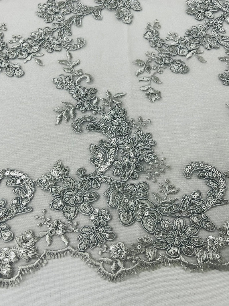 Floral Cluster Fabric - Silver - Embroidered Floral Lace w/ Sequins on a Mesh Lace By Yard