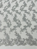 Floral Cluster Fabric - Silver - Embroidered Floral Lace w/ Sequins on a Mesh Lace By Yard