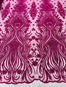 Luxury Beaded Design - Magenta - Sold By Yard Floral Fabric Embroidered w/ Pearls-Beads on Mesh Lace