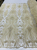 Luxury Beaded Design - Beige - Sold By Yard Floral Fabric Embroidered w/ Pearls-Beads on Mesh Lace