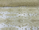 Luxury Beaded Design - Beige - Sold By Yard Floral Fabric Embroidered w/ Pearls-Beads on Mesh Lace