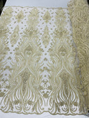Luxury Beaded Design - Beige - Sold By Yard Floral Fabric Embroidered w/ Pearls-Beads on Mesh Lace