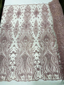 Luxury Beaded Design - Rose - Sold By Yard Floral Fabric Embroidered w/ Pearls-Beads on Mesh Lace