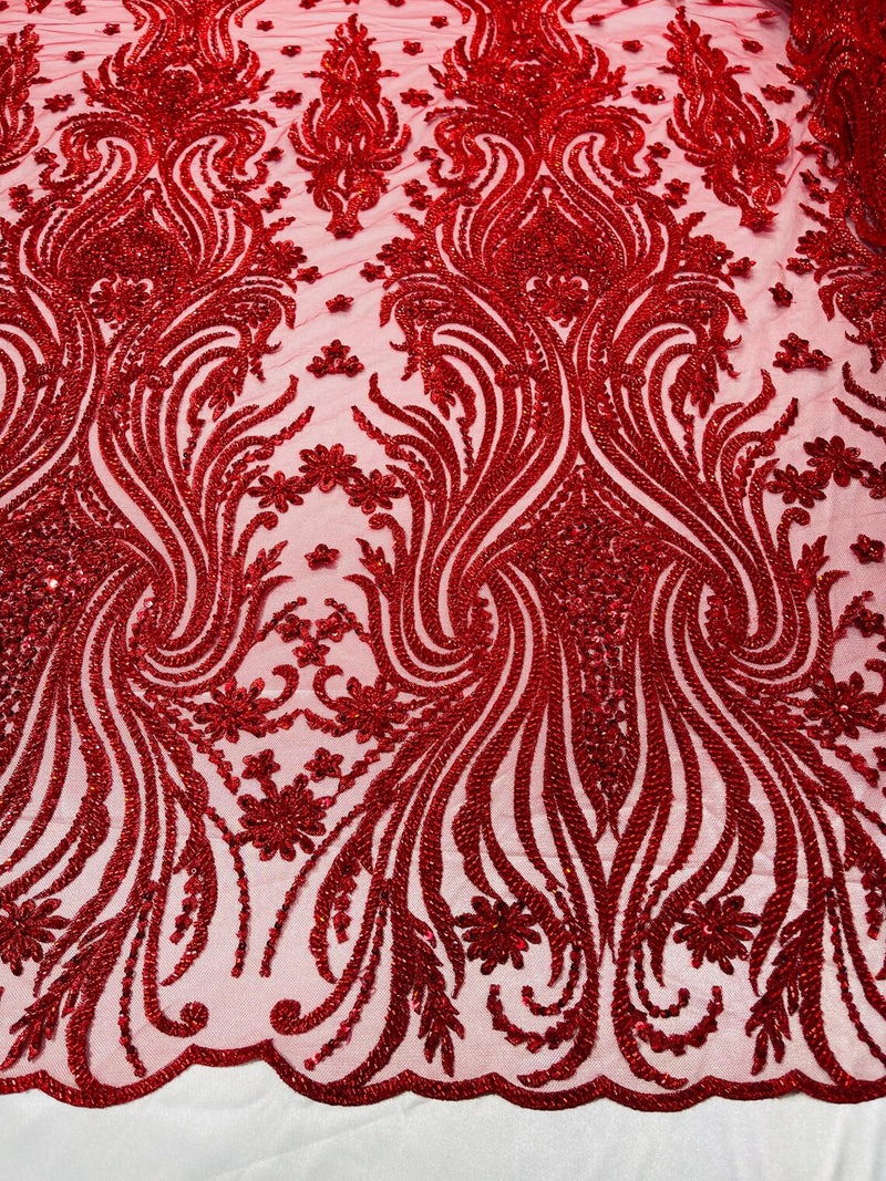 Luxury Beaded Design - Red - Sold By Yard Floral Fabric Embroidered w/ Pearls-Beads on Mesh Lace