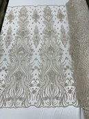 Luxury Beaded Design - Taupe - Sold By Yard Floral Fabric Embroidered w/ Pearls-Beads on Mesh Lace