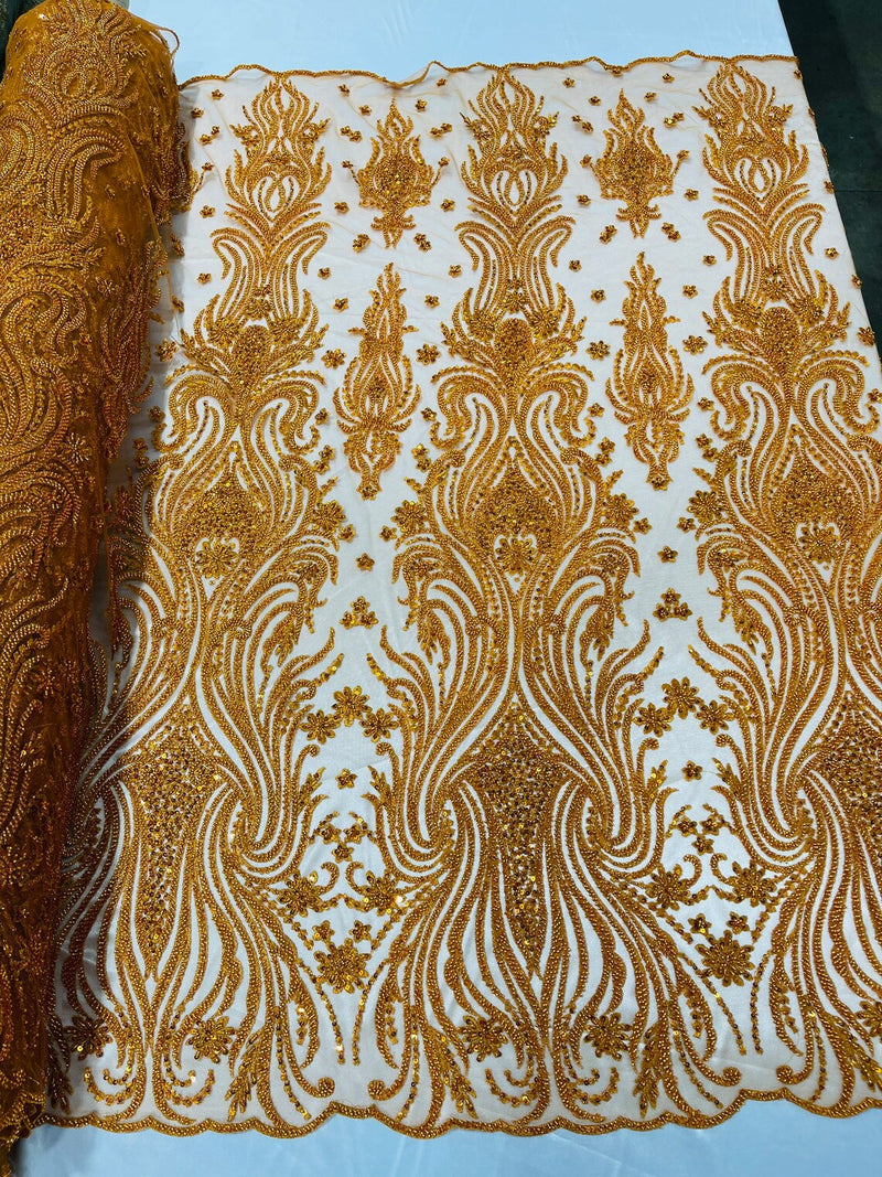 Luxury Beaded Design - Copper/Orange - Sold By Yard Floral Fabric Embroidered w/ Pearls-Beads on Mesh Lace