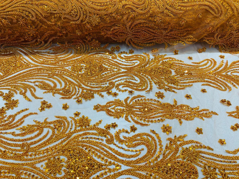 Luxury Beaded Design - Copper/Orange - Sold By Yard Floral Fabric Embroidered w/ Pearls-Beads on Mesh Lace