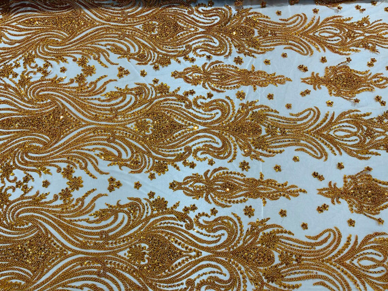 Luxury Beaded Design - Copper/Orange - Sold By Yard Floral Fabric Embroidered w/ Pearls-Beads on Mesh Lace