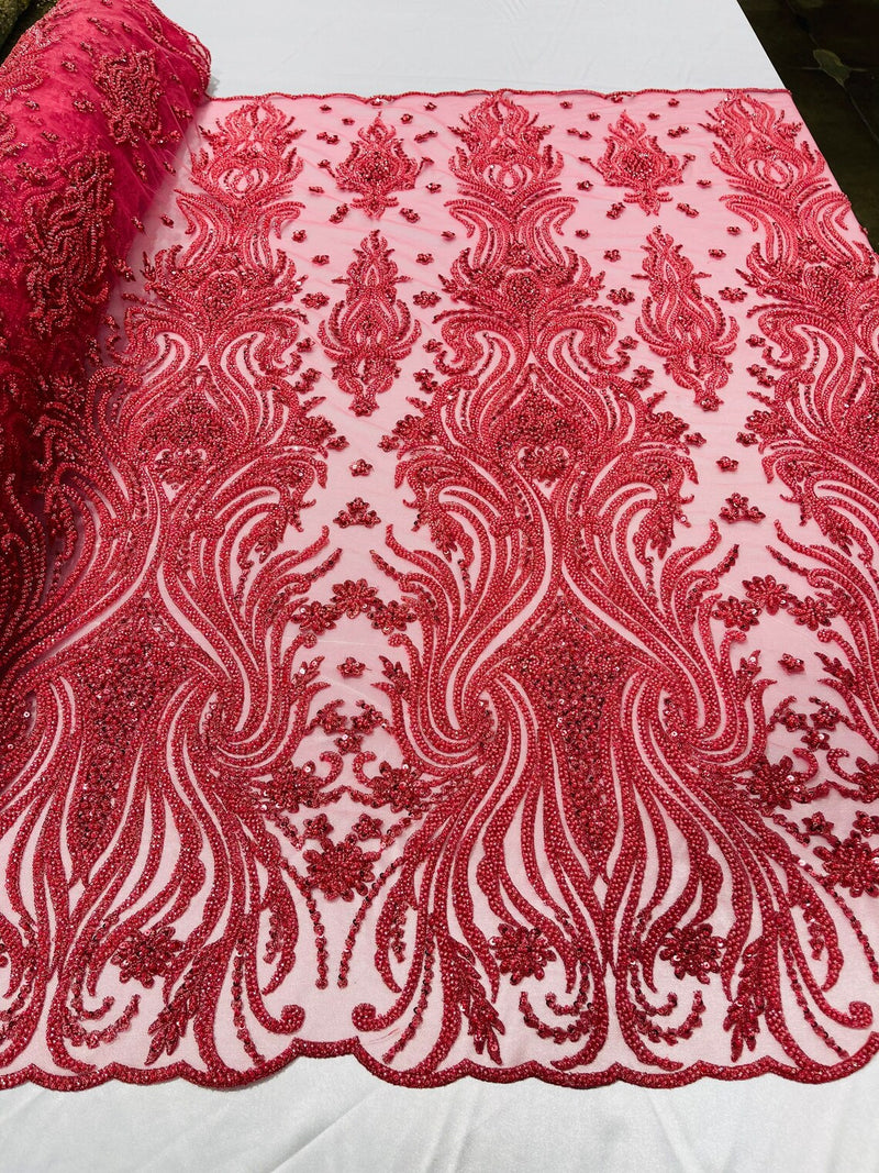 Luxury Beaded Design - Coral - Sold By Yard Floral Fabric Embroidered w/ Pearls-Beads on Mesh Lace