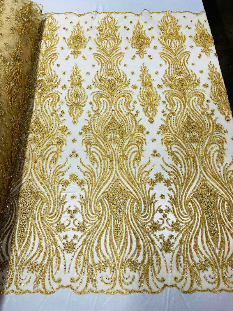 Luxury Beaded Design - Gold - Sold By Yard Floral Fabric Embroidered w/ Pearls-Beads on Mesh Lace