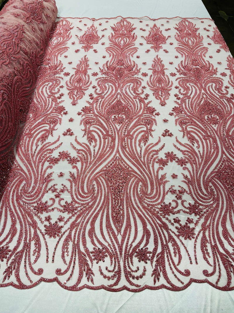 Luxury Beaded Design - Dusty Rose - Sold By Yard Floral Fabric Embroidered w/ Pearls-Beads on Mesh Lace