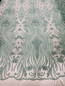 Luxury Beaded Design - Mint - Sold By Yard Floral Fabric Embroidered w/ Pearls-Beads on Mesh Lace