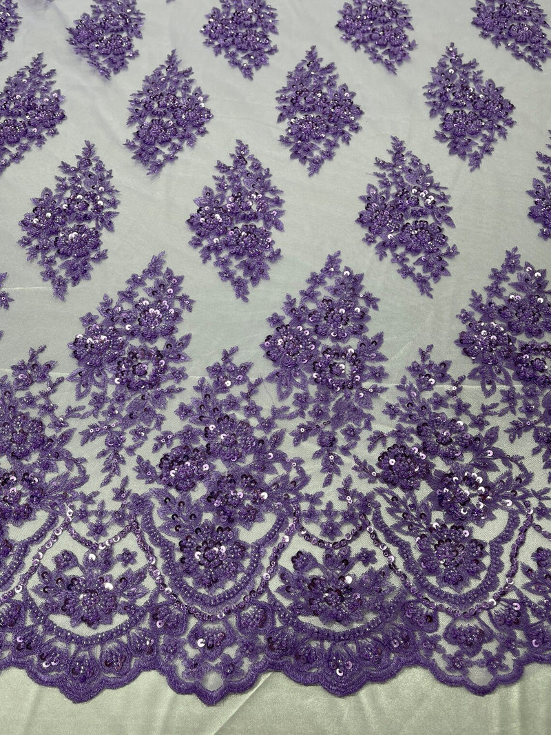 Floral Cluster Bead Fabric - Purple - Embroidered Flowers with Beads on Mesh Fabric Sold By Yard