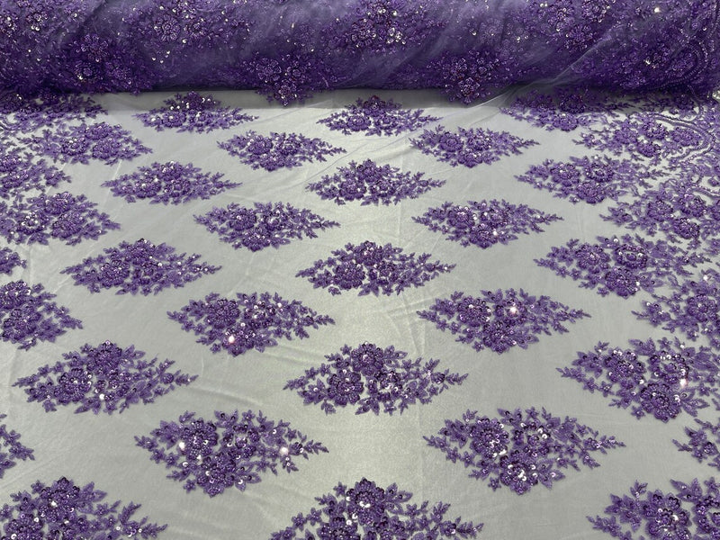 Floral Cluster Bead Fabric - Purple - Embroidered Flowers with Beads on Mesh Fabric Sold By Yard