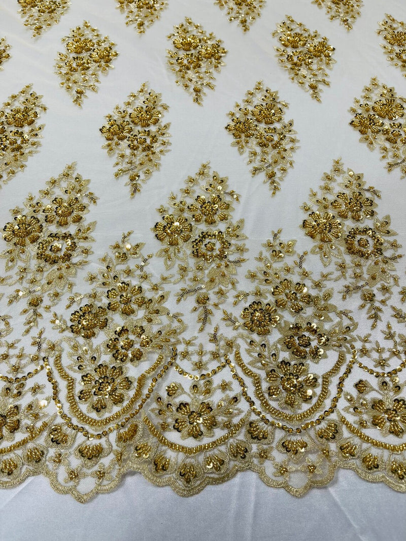 Floral Cluster Bead Fabric - Gold - Embroidered Flowers with Beads on Mesh Fabric Sold By Yard