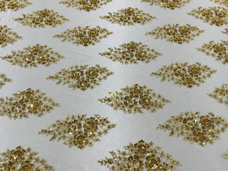 Floral Cluster Bead Fabric - Gold - Embroidered Flowers with Beads on Mesh Fabric Sold By Yard
