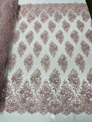 Floral Cluster Bead Fabric - Rose - Embroidered Flowers with Beads on Mesh Fabric Sold By Yard