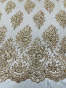 Floral Cluster Bead Fabric - Champagne - Embroidered Flowers with Beads on Mesh Fabric Sold By Yard
