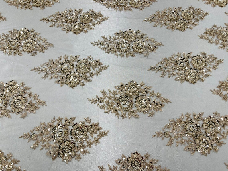 Floral Cluster Bead Fabric - Champagne - Embroidered Flowers with Beads on Mesh Fabric Sold By Yard