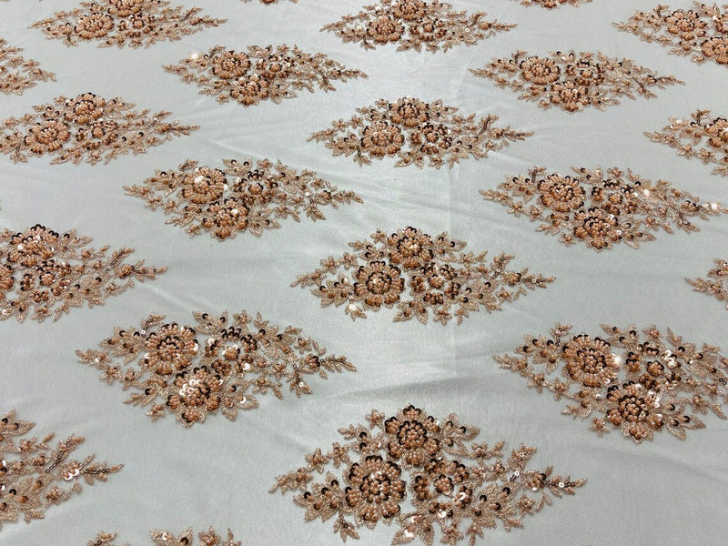 Floral Cluster Bead Fabric - Blush Peach - Embroidered Flowers with Beads on Mesh Fabric Sold By Yard