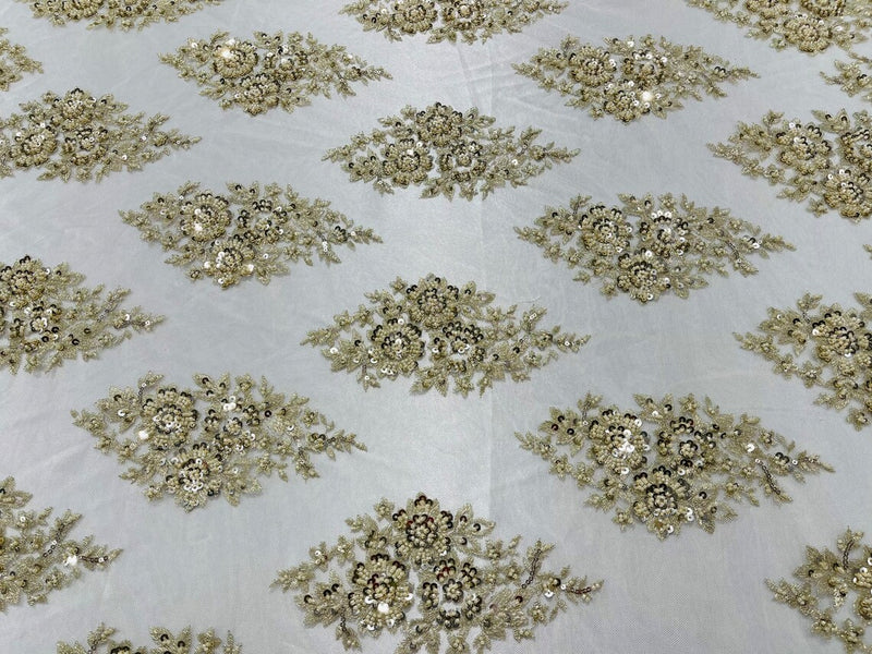 Floral Cluster Bead Fabric - Beige - Embroidered Flowers with Beads on Mesh Fabric Sold By Yard