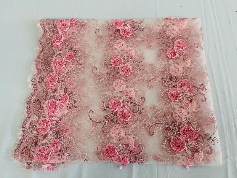 Floral Fabric - Light Pink - Sold By Yard Embroidered Roses With Sequins on a Mesh Lace Fabric