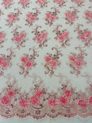 Floral Fabric - Light Pink - Sold By Yard Embroidered Roses With Sequins on a Mesh Lace Fabric