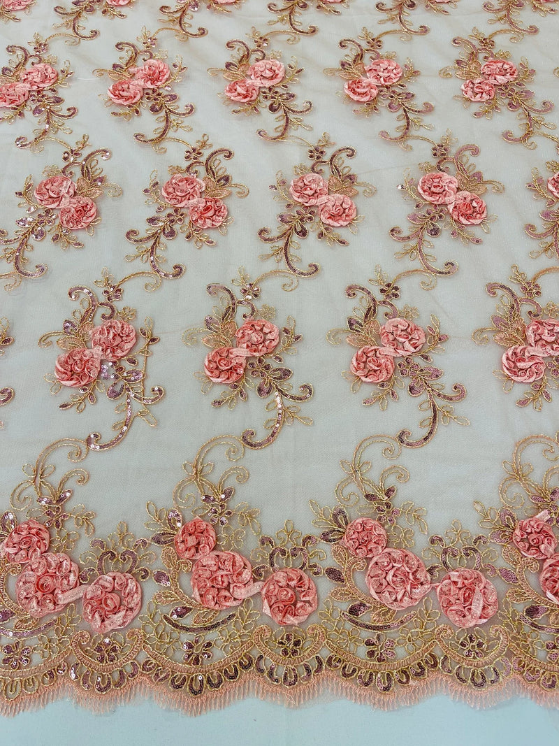 Floral Fabric - Coral Pink - Sold By Yard Embroidered Roses With Sequins on a Mesh Lace Fabric