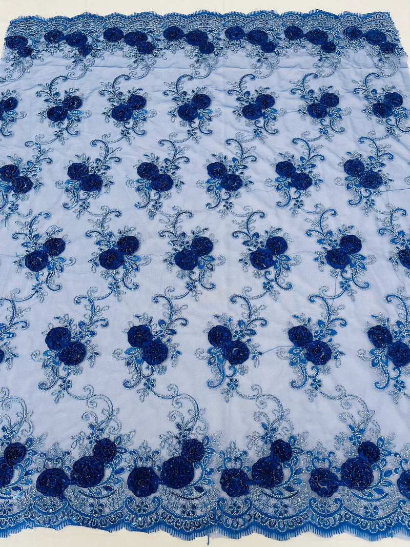 Floral Fabric - Royal Blue - Sold By Yard Embroidered Roses With Sequins on a Mesh Lace Fabric