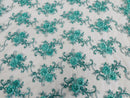 Floral Fabric - Mint - Sold By Yard Embroidered Roses With Sequins on a Mesh Lace Fabric