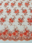 Floral Fabric - Coral with Peach - Sold By Yard Embroidered Roses With Sequins on a Mesh Lace Fabric
