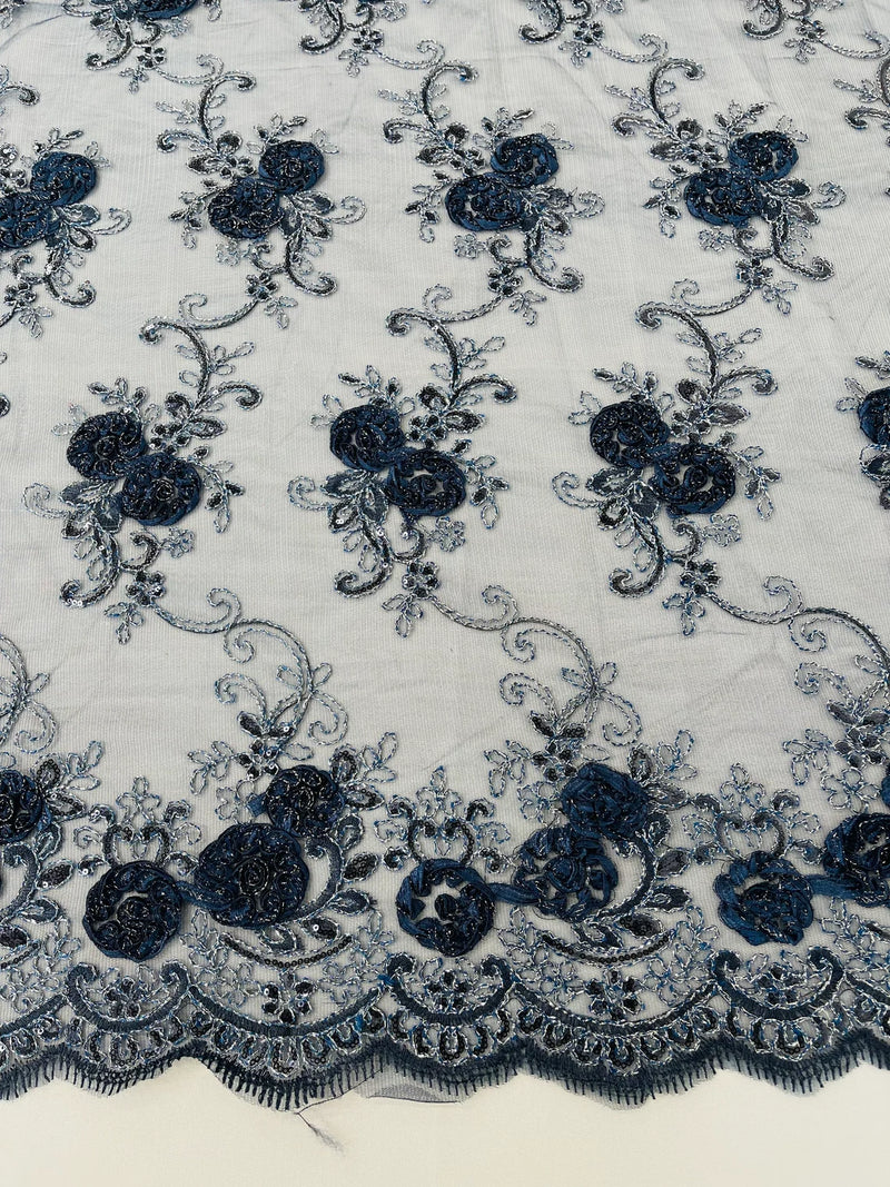 Floral Fabric - Navy Blue - Sold By Yard Embroidered Roses With Sequins on a Mesh Lace Fabric