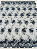 Floral Fabric - Navy Blue - Sold By Yard Embroidered Roses With Sequins on a Mesh Lace Fabric