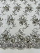 Floral Fabric - Grey/Silver - Sold By Yard Embroidered Roses With Sequins on a Mesh Lace Fabric