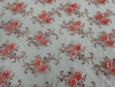Floral Fabric - Pink with Peach - Sold By Yard Embroidered Roses With Sequins on a Mesh Lace Fabric