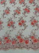 Floral Fabric - Pink with Peach - Sold By Yard Embroidered Roses With Sequins on a Mesh Lace Fabric