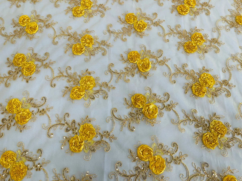 Floral Fabric - Yellow Gold - Sold By Yard Embroidered Roses With Sequins on a Mesh Lace Fabric