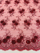 Floral Fabric - Burgundy - Sold By Yard Embroidered Roses With Sequins on a Mesh Lace Fabric