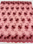 Floral Fabric - Burgundy - Sold By Yard Embroidered Roses With Sequins on a Mesh Lace Fabric