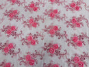 Floral Fabric - Candy Pink - Sold By Yard Embroidered Roses With Sequins on a Mesh Lace Fabric