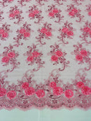 Floral Fabric - Candy Pink - Sold By Yard Embroidered Roses With Sequins on a Mesh Lace Fabric