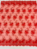 Floral Fabric - Red - Sold By Yard Embroidered Roses With Sequins on a Mesh Lace Fabric