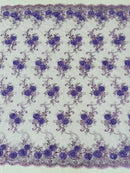 Floral Fabric - Purple - Sold By Yard Embroidered Roses With Sequins on a Mesh Lace Fabric