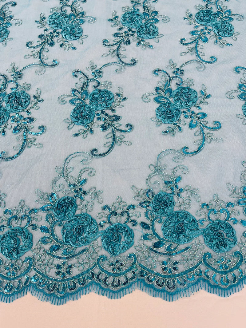 Floral Fabric - Teal - Sold By Yard Embroidered Roses With Sequins on a Mesh Lace Fabric