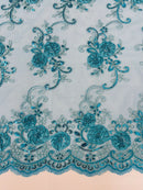 Floral Fabric - Teal - Sold By Yard Embroidered Roses With Sequins on a Mesh Lace Fabric