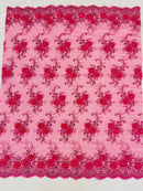 Floral Fabric - Fuchsia - Sold By Yard Embroidered Roses With Sequins on a Mesh Lace Fabric