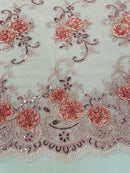 Floral Fabric - Rose - Sold By Yard Embroidered Roses With Sequins on a Mesh Lace Fabric