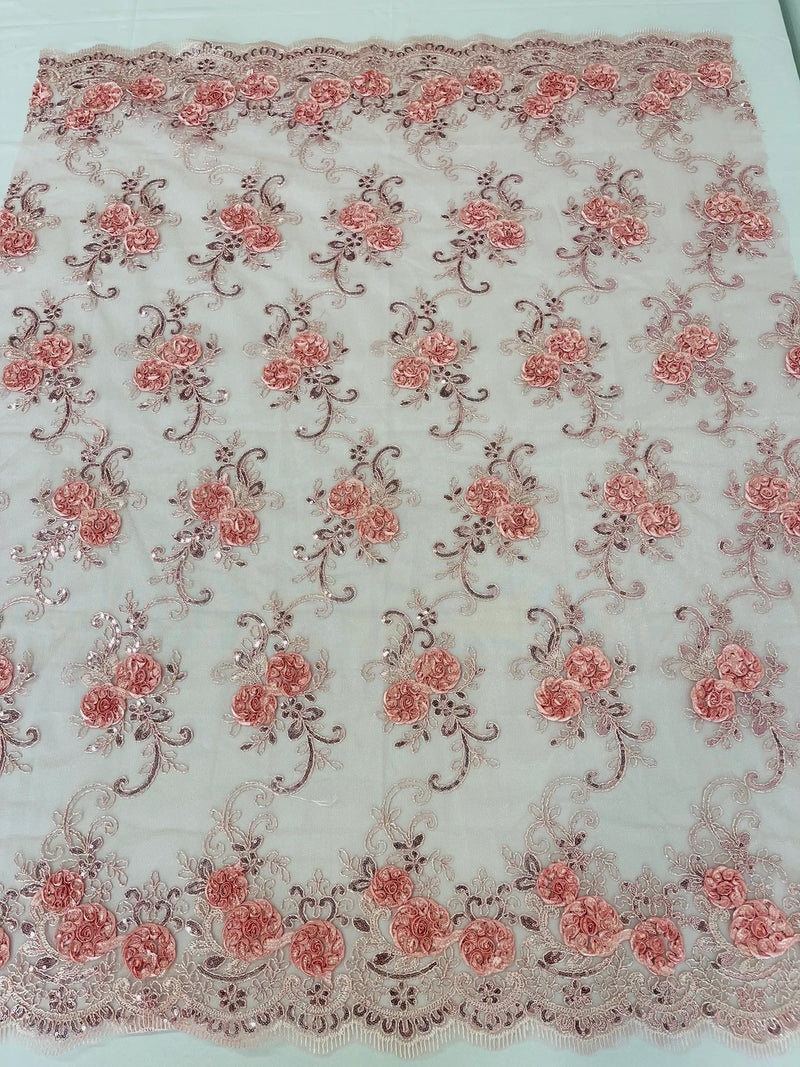 Floral Fabric - Rose - Sold By Yard Embroidered Roses With Sequins on a Mesh Lace Fabric