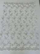 Floral Fabric - White - Sold By Yard Embroidered Roses With Sequins on a Mesh Lace Fabric